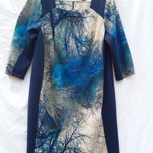 Midnight Velvet Multi Tree Scape Blue Cream Navy Tan Mix Midi Dress Wm Size 18